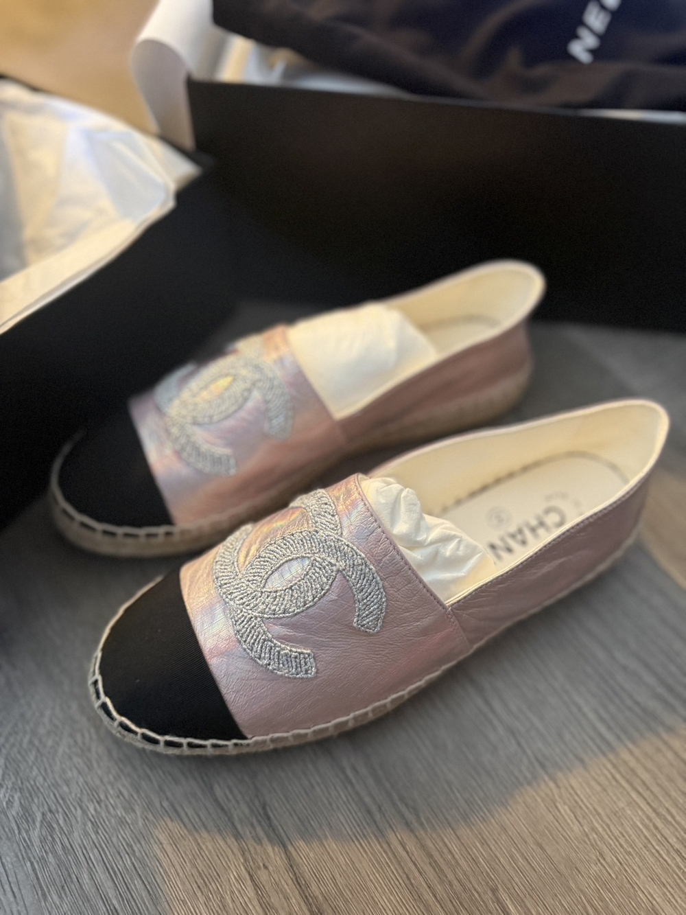 CHANEL Metallic Pink Leather Espadrilles with Black Toe Cap